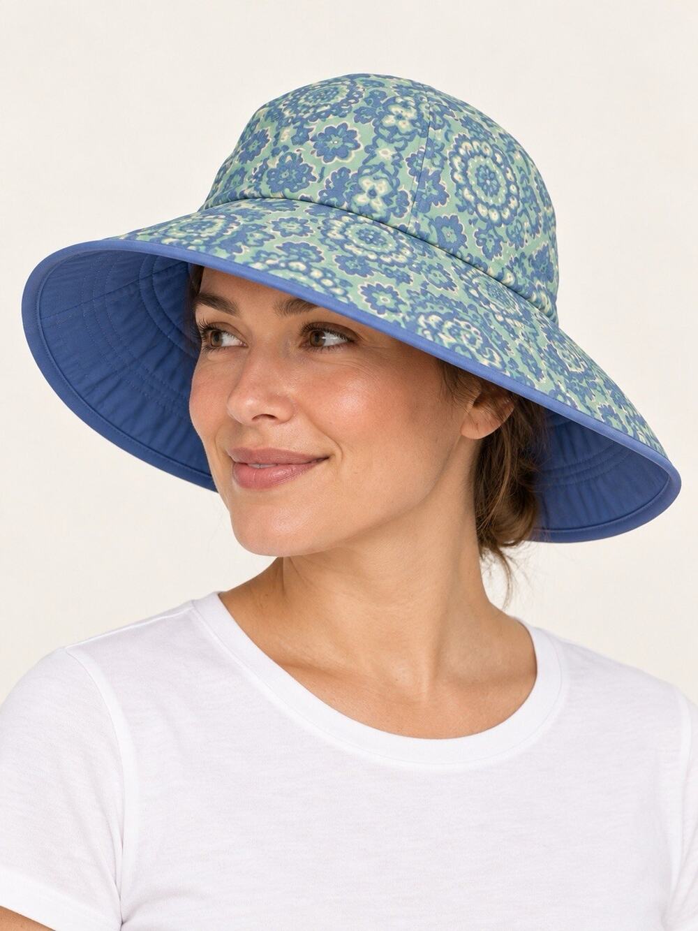 Coolibar Sun Hat L/XL Blue Green Paisley Wide Brim UPF 50+ Stretch